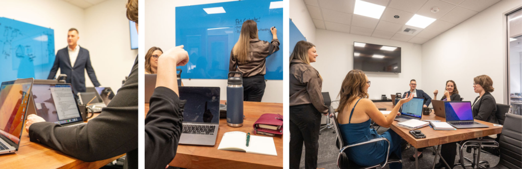 3 photo collage. first photo far left.- close up of computer screens and in distant man by a white board with writing on it. middle - close up of person pointing at white board with computer on table. behind is white board with woman writing on it. far right photo - group photo of people sitting at conference desk talking